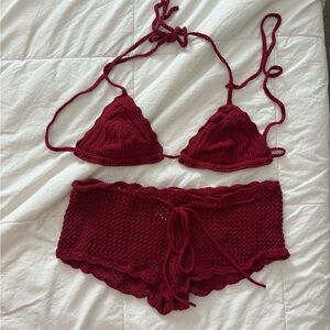 Frankie's Bikinis Deep Red Crochet Set